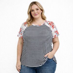 Torrid Super Soft Raglan floral/ striped top; white/blue/red; size 1 (14/16)(1X)
